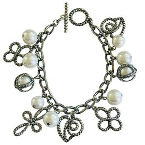 VTG Pearl cross rope dangle charm bracelet Statement chunky rare Silver 7.5"L